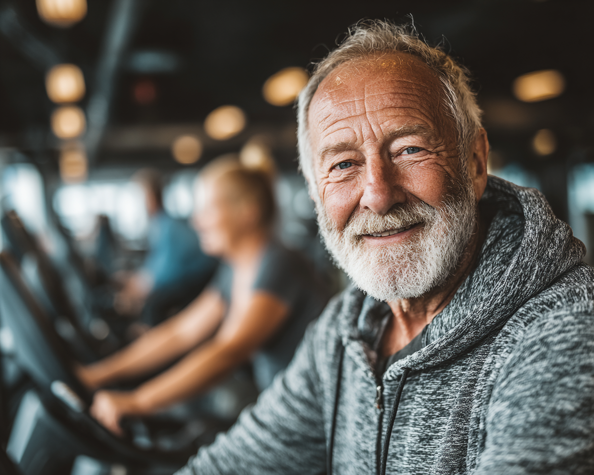 Усміхнена жінка віком 65+ демонструє гнучкість після заняття йогою